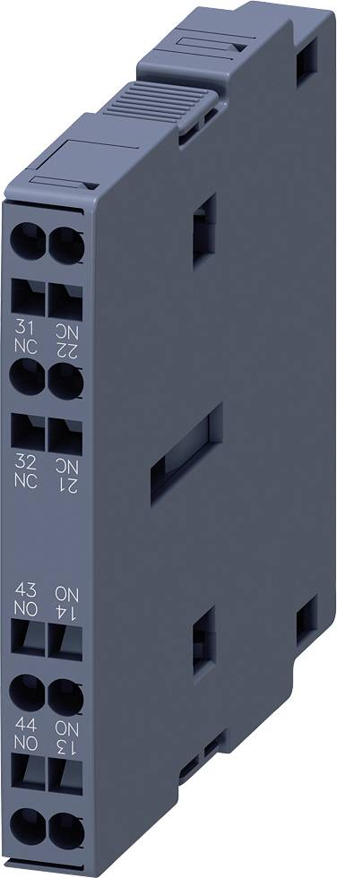 Ein graues elektrisches Relaismodul mit mehreren Anschlussklemmen auf einer Seite. Es hat Aufdrucke mit Zahlen und Buchstaben.