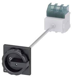 Schwarzer Drehschalter an einem Käfigklemmenblock montiert, verbunden durch eine lange Stange; elektrisch/mechanisches Bauteil.