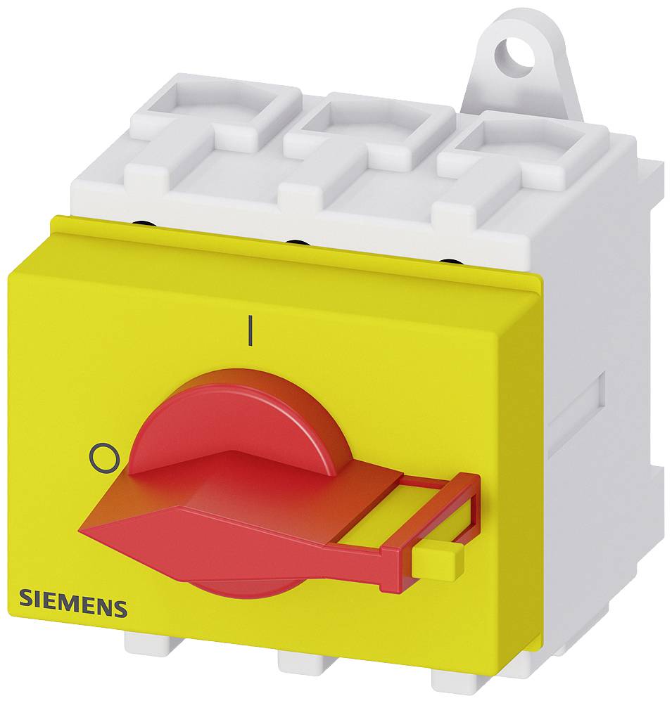 Lasttrennschalter von Siemens in Grau und Gelb mit rotem Drehknopf.