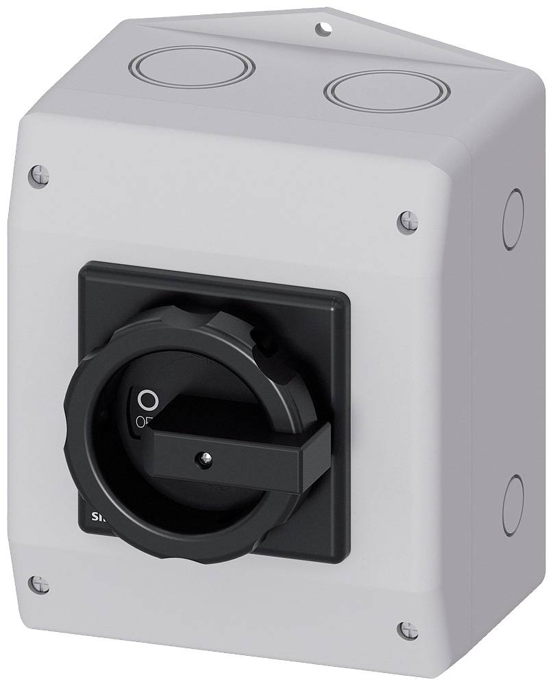 Ein graues Gehäuse mit einem großen, schwarzen Drehschalter vorne, der auf 'Aus' steht. Geeignet für industrielle Anwendungen.