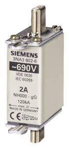 Ein zylindrischer Sicherungseinsatz von Siemens mit der Aufschrift '690V, 2A, NH000 - gG'. Hergestellt in Deutschland.