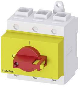 Ein gelb-roter Not-Aus-Schalter, montiert an einem weißen Gehäuse, mit der Beschriftung 'SIEMENS'.