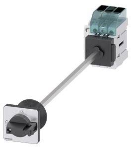 Ein grau-silberner elektrischer Drehschalter von Siemens zeigt eine Auf-/Zu-Position. Rechts sind drei blau-schwarze Sicherungen.