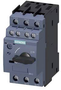 Schalter mit Siemens-Logo, fünf Schraubverbindungen oben, drei unten. Großer schwarzer Drehknopf in der Mitte mit Ein-/Aus-Markierungen.