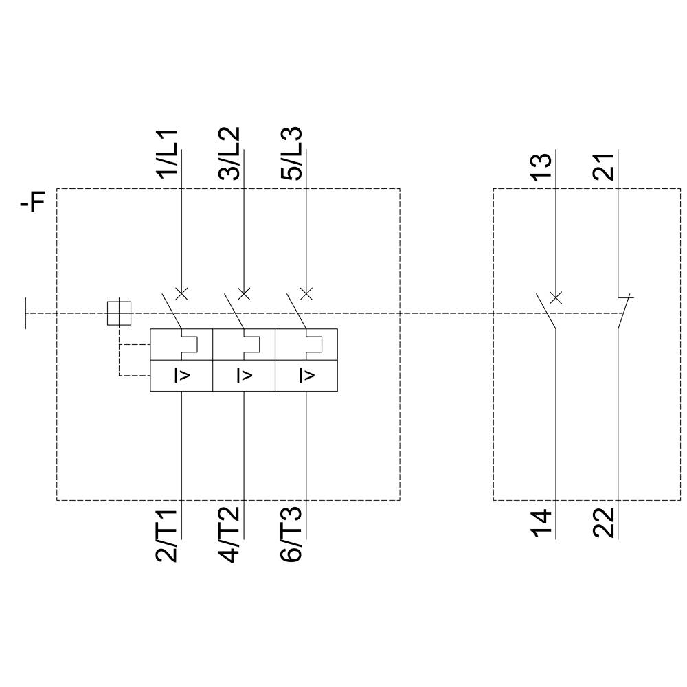 Das Diagramm zeigt ein elektrisches Schaltbild mit drei Sicherungen, gekennzeichnet als 1/L1, 3/L2, 5/L3, und Leitungen zu einem Schalter (13, 14 und 21, 22).