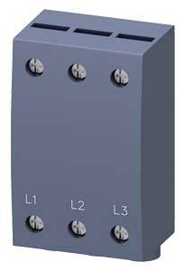 Ein blaues elektrisches Bauteil mit drei Schraubklemmen, beschriftet mit 'L1', 'L2' und 'L3', zur Verbindung von Kabeln.