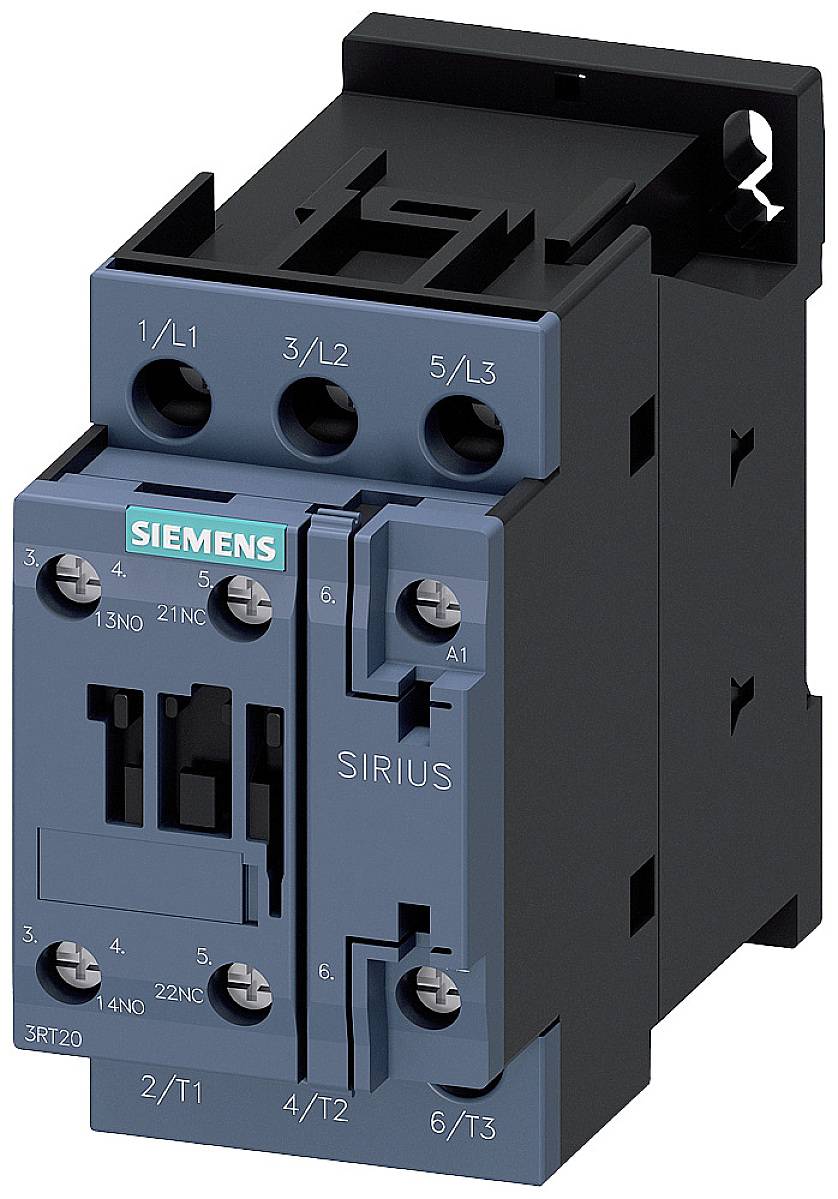 Elektronischer Schütz von Siemens, Modell SIRIUS. Schwarz-blaues Gehäuse mit mehreren Anschlüssen für elektrische Schaltungen.