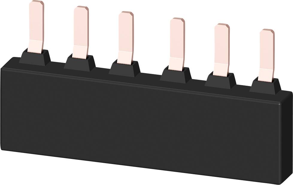 Ein schwarzer elektrischer Steckverbinder mit sechs kupferfarbenen Kontakten in einer Reihe.