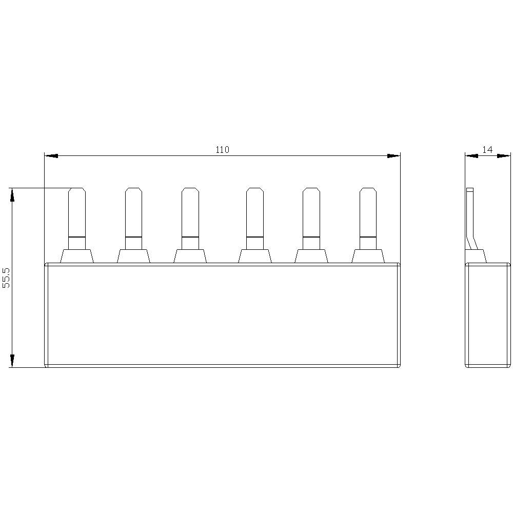 Technische Zeichnung einer rechteckigen Halterung mit sechs vertikalen Stiften; Maße: 110 x 55,5 x 14 mm.