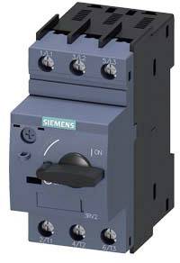 Ein blauer Siemens-Schalter mit Drehknopf und sechs Schraubklemmen oben und unten.