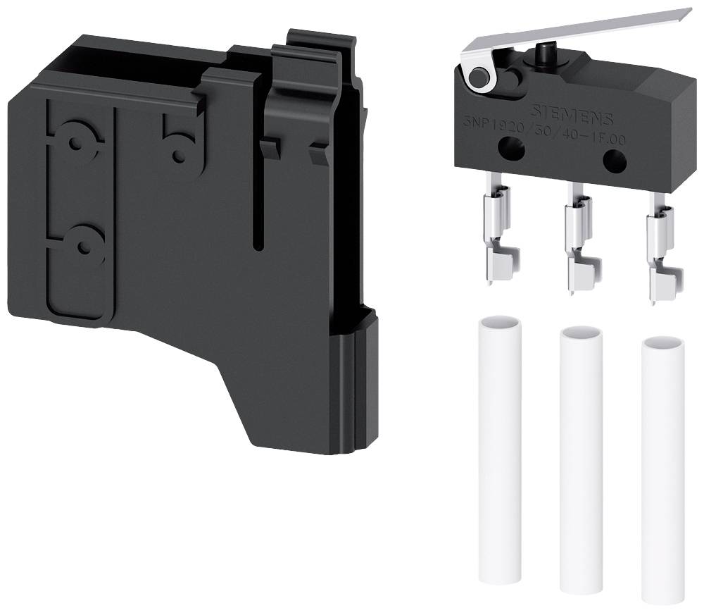 Ein schwarzer Schalter mit Hebel, drei Anschlüssen und drei weißen Kunststoffrohren daneben. Geeignet zur elektrischen Steuerung.