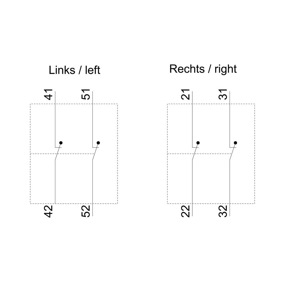 Diagramm zeigt zwei rechteckige Schaltpläne. Links: 41 zu 42, 51 zu 52. Rechts: 21 zu 22, 31 zu 32. Darstellung von Verbindungen.