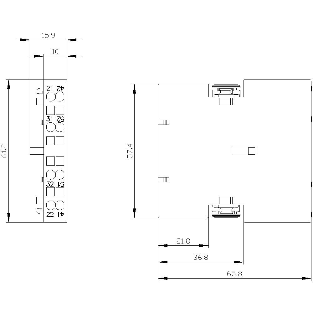 Technische Zeichnung eines elektrischen Bauteils mit Maßen: 15,9 x 61,2 mm; 57,4 mm hoch. Verschiedene elektrische Anschlüsse sind erkennbar.