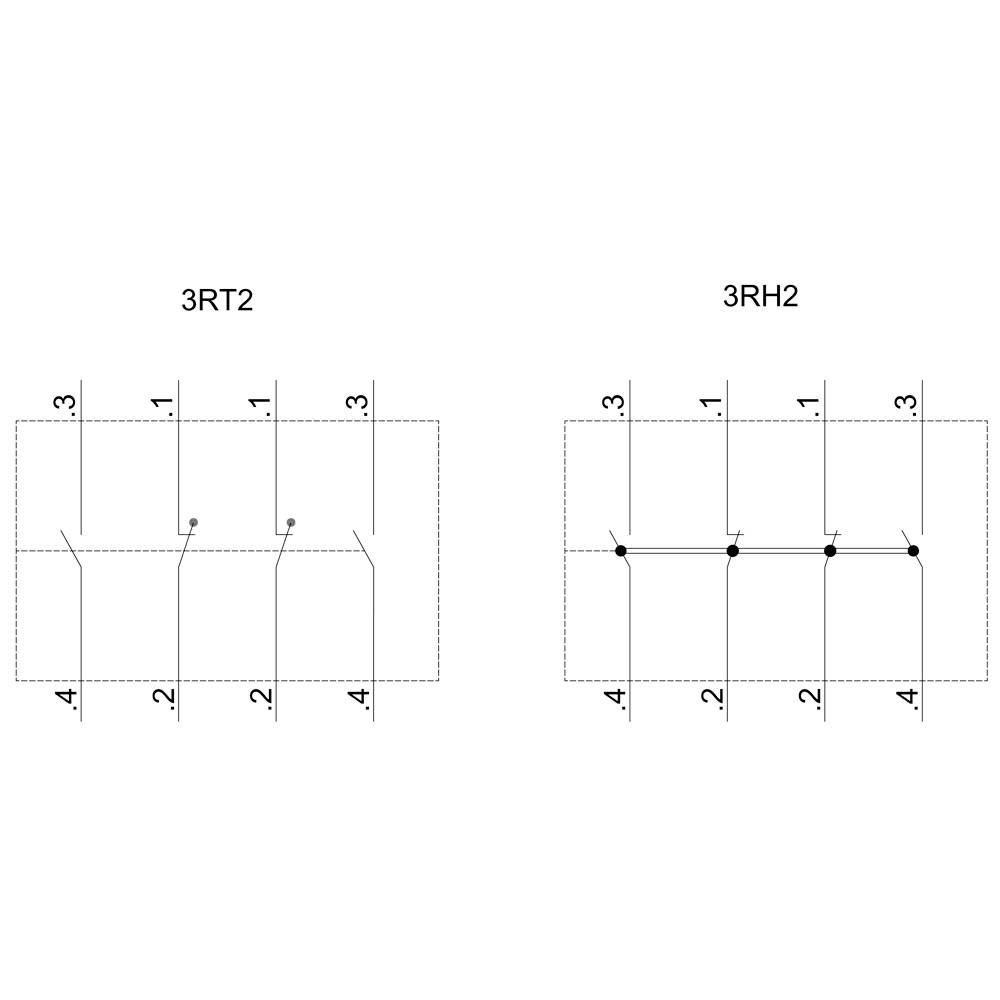 Diagramm zeigt zwei Reihen von Schaltkontakten, 3RT2 und 3RH2. Jede Reihe hat vier nummerierte Kontakte mit unterschiedlichen Verbindungspositionen.