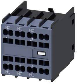 Ein elektrisches Schaltgerät mit mehreren Anschlüssen. Die oberen Anschlüsse sind mit 'NC', der mittlere mit 'NO' beschriftet. Ein Schalter ist sichtbar.