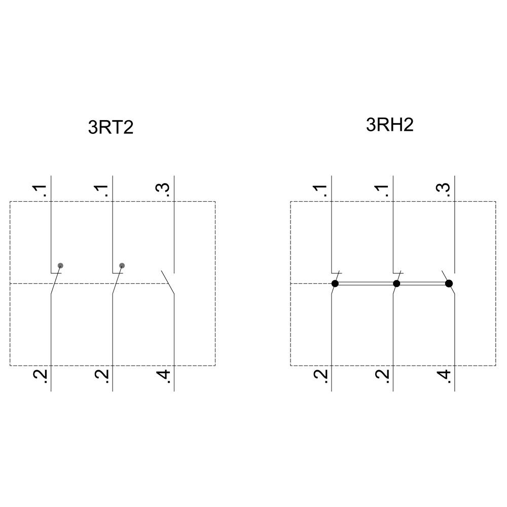 Schaltplan mit zwei Symbolen: Links '3RT2' zeigt drei vertikale Linien mit Verbindungen; rechts '3RH2' hat vier Linien mit Querverbindungen.
