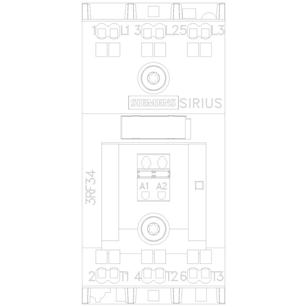 Diagramm eines Siemens SIRIUS Schützes, Typ 3RF34, zeigt Anschlüsse und Anschrift A1, A2. Technische Zeichnung mit Bezeichnungen.