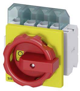 Roter Hauptschalter auf gelber Platte mit vierpoliger Anschlussleiste, oben transparente Abdeckhaube.