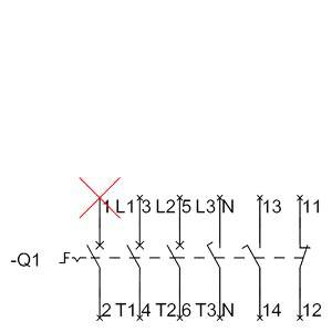 Schaltschema für einen dreiphasigen Transformator mit Primär- und Sekundärwicklungen, gekennzeichnete Kontakte und Anschlussklemmen.