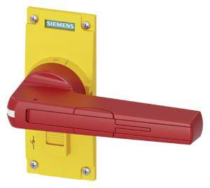 Roter Not-Aus-Schalter vor gelbem Hintergrund, mit 'Siemens'-Logo. Der Schalter ist in der Position 'Aus'.