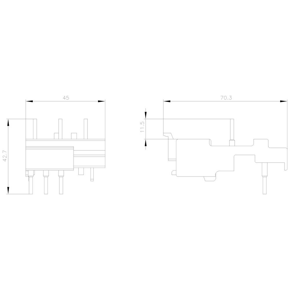 Technische Zeichnung eines elektrischen Bauteils mit Abmessungen: 42,7 x 45 mm links, 70,3 mm Länge, 11,5 mm Breite rechts.
