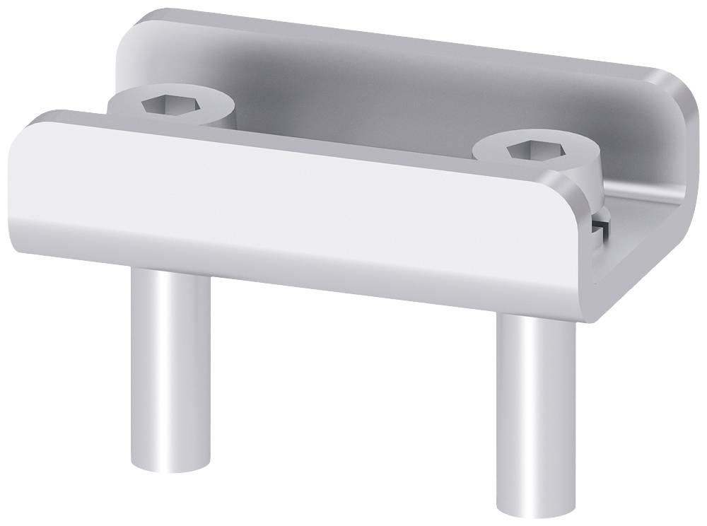 Metallverbinder mit zwei Schraubenlöchern und zwei senkrechten Zylindern darunter, zur Befestigung von Bauteilen.