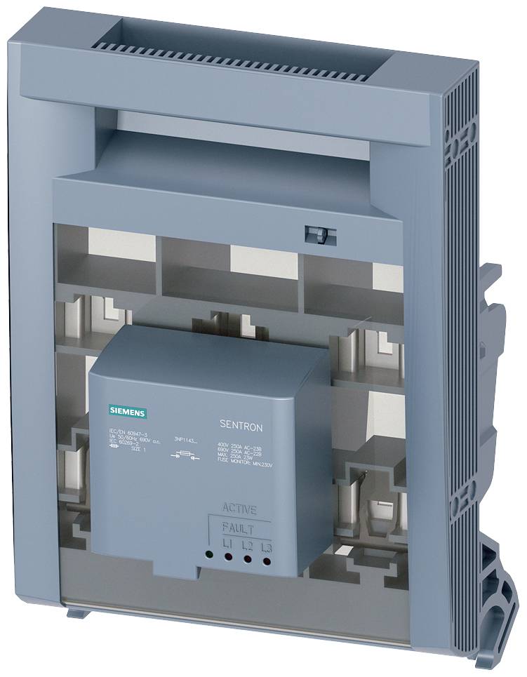 Ein elektrischer Leistungsschalter von Siemens aus der Sentron-Reihe, grau und blau, mit Anzeigeleuchten für 'Active' und 'Fault'.