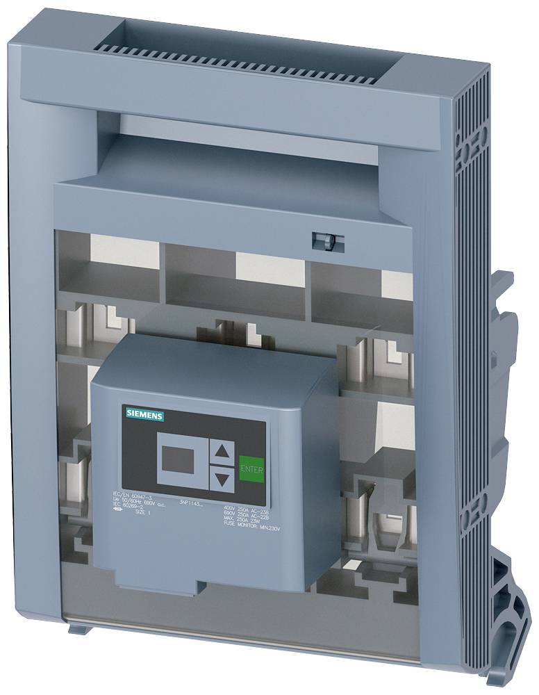 Ein Siemens-Leistungsschalter in einem grauen Gehäuse mit Bedienelementen und Anzeige auf der Vorderseite.