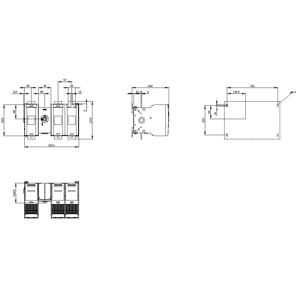 Technische Zeichnung eines mechanischen Bauteils mit Abmessungen und Ansichten von vorn, oben, und seitlich, inklusive detaillierter Maßangaben.
