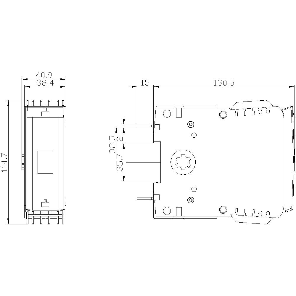 Technische Zeichnung eines rechteckigen elektrischen Bauteils mit Abmessungen: Breite 40,9 mm, Höhe 114,7 mm, Tiefe 130,5 mm.