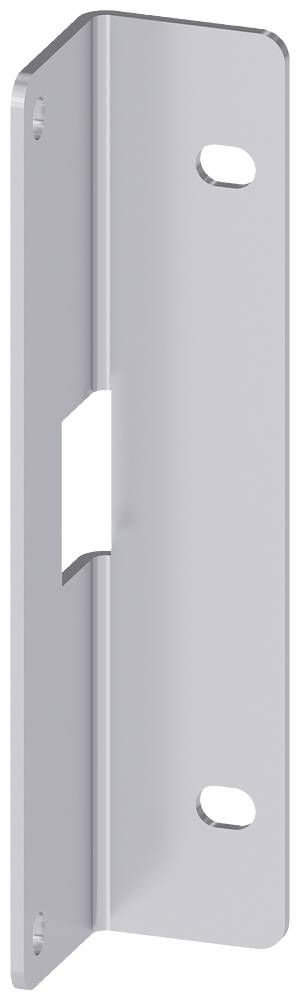 Silberne Metallhalterung mit vier Befestigungslöchern und einem rechteckigen Ausschnitt in der Mitte.