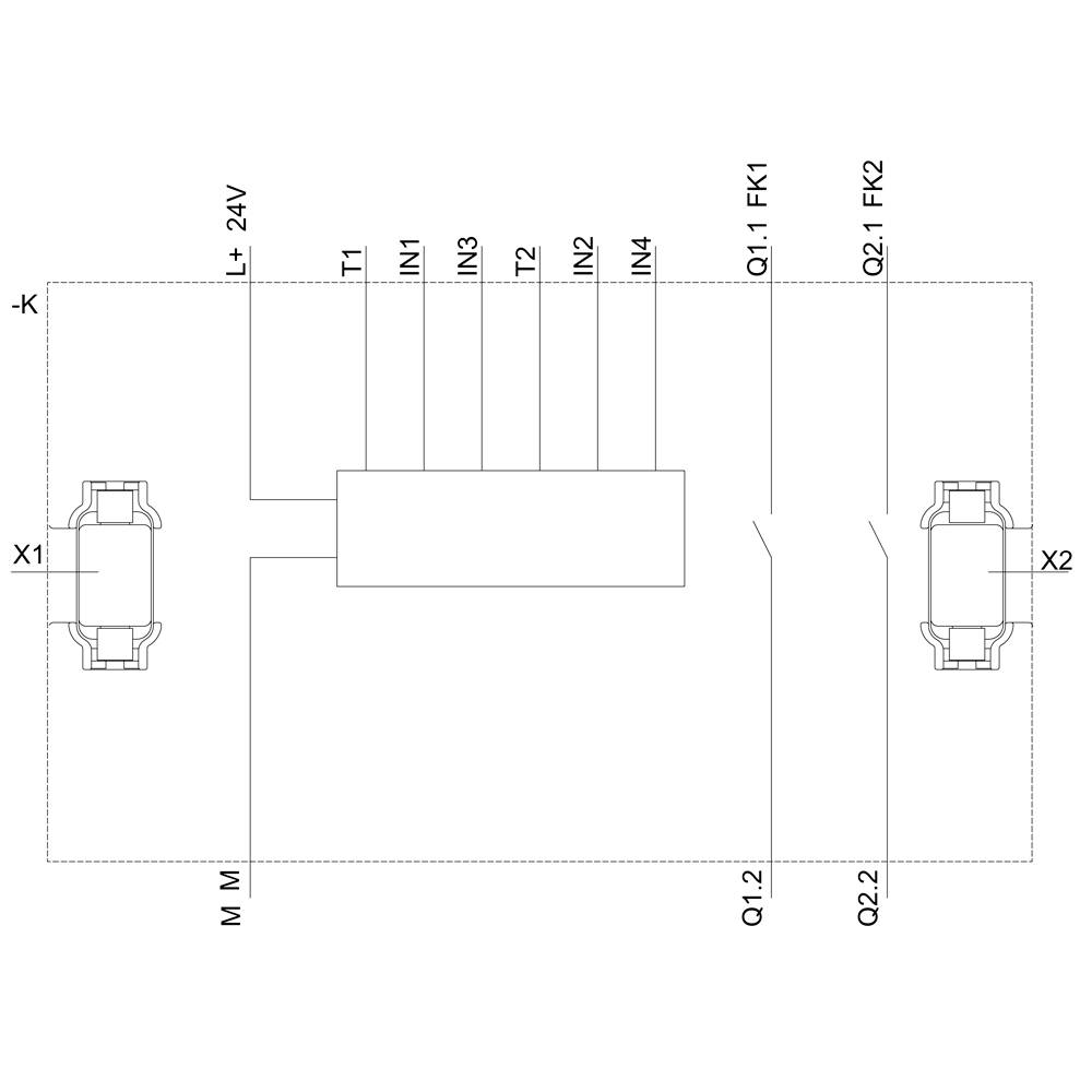 Schematische Darstellung einer elektrischen Schaltung mit zwei Schaltern (X1, X2), vier Anschlüssen (T1-T2, IN1-IN4) und zwei Sicherungen (Q1-FK1, Q2-FK2).