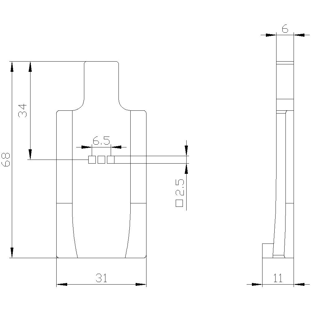 Technische Zeichnung eines Bauteils mit Maßen: Gesamtbreite 31, Höhe 68, Details mit Abstand 6,5 und 2,5. Seitenansicht zeigt Tiefe 11.