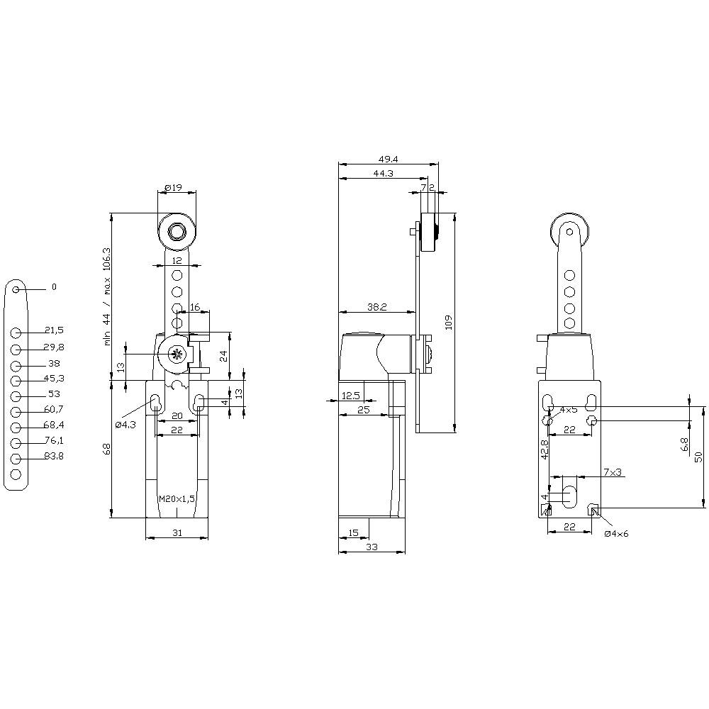 Technische Zeichnung eines mechanischen Bauteils mit mehreren Ansichten und detaillierten Abmessungen. Zeigt Längen und Positionen.
