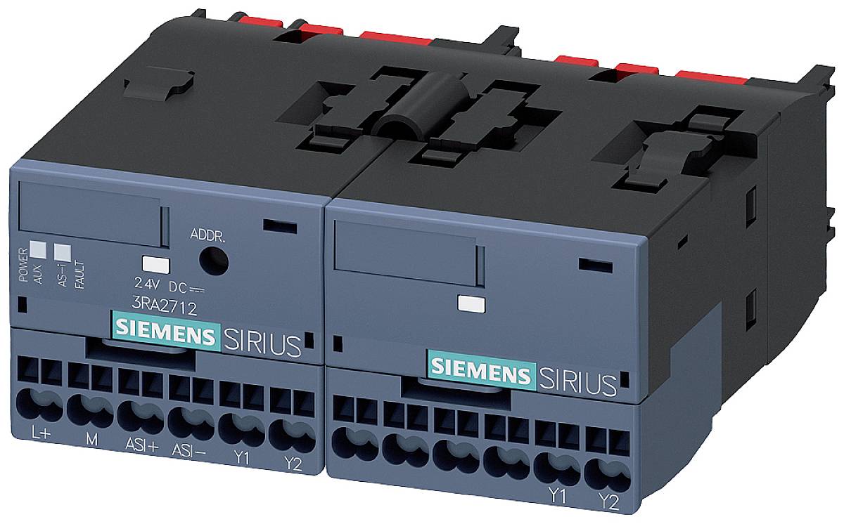 Zwei schwarze Siemens Sirius Relais, rechteckige Form, mit blauen Beschriftungen und Anschlüssen an der Unterseite, nebeneinander platziert.