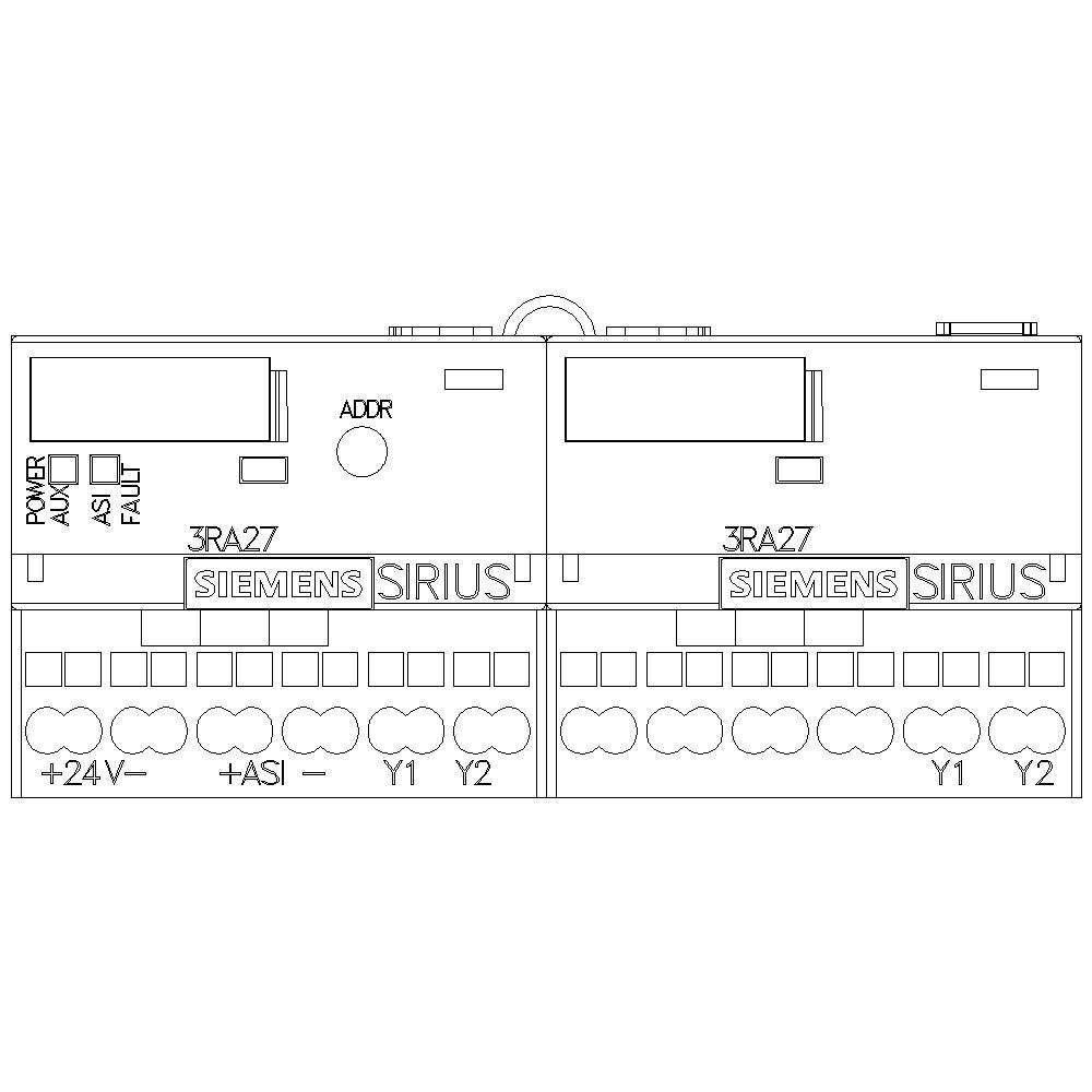 Technische Zeichnung eines Siemens Sirius-Moduls mit Anschlüssen und Beschriftungen, z.B. '3RA27', '+24V', und 'Y1'.