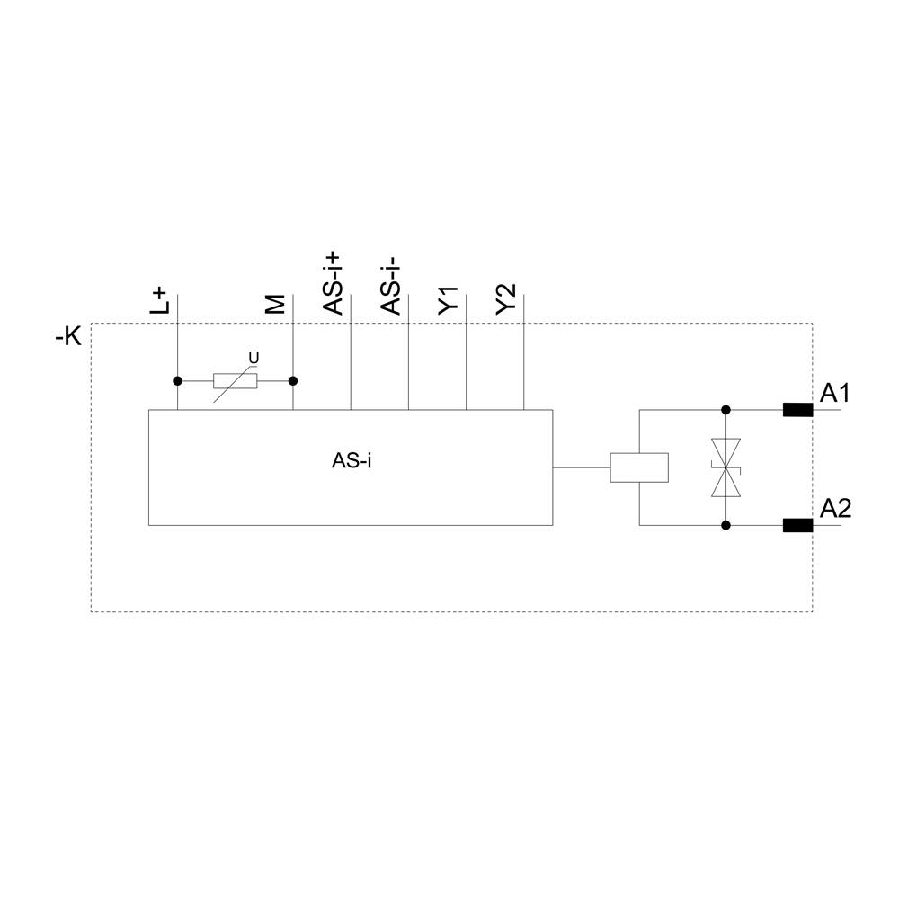 Schaltplan zeigt ein AS-i-Modul mit Anschlüssen: -K (minus), + (plus), M, AS-i-, AS-i+, Y1, Y2, A1 und A2.