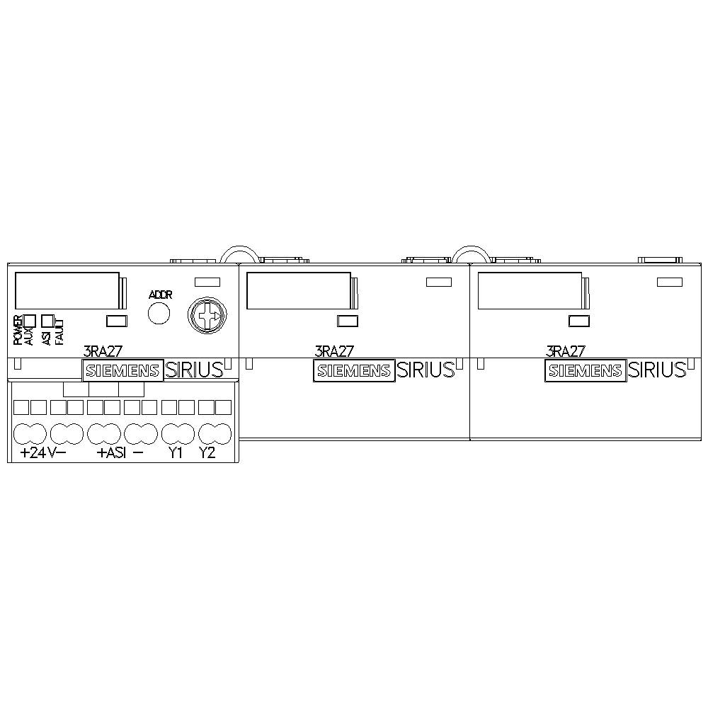 Das Bild zeigt ein Schaltgerät der Serie 'Sirius' von Siemens, Modell '3RA27', mit verschiedenen Anschlüssen und Beschriftungen.
