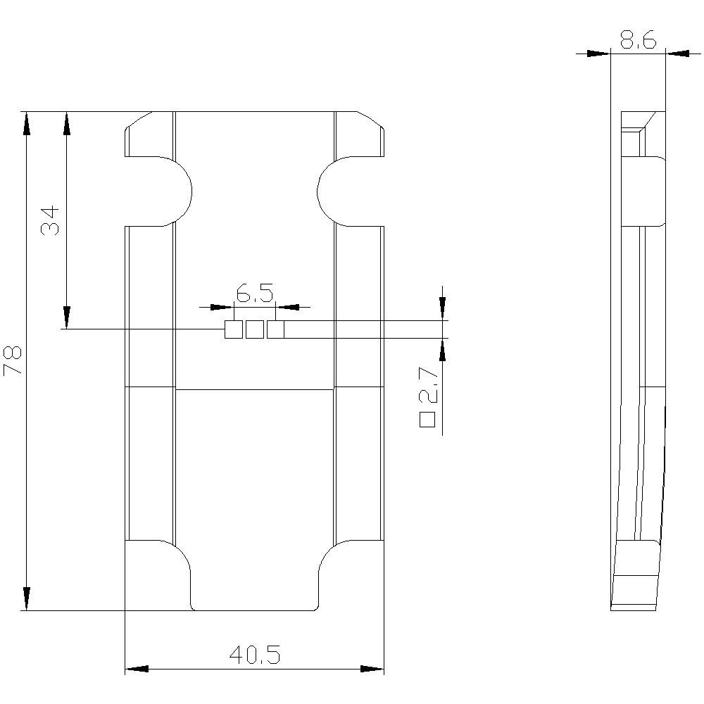 Technische Zeichnung eines rechteckigen Bauteils mit Maßen: 78x40.5 mm, Höhe 8.6 mm. Hauptmerkmale: Aussparungen, 6.5 mm Abstand.