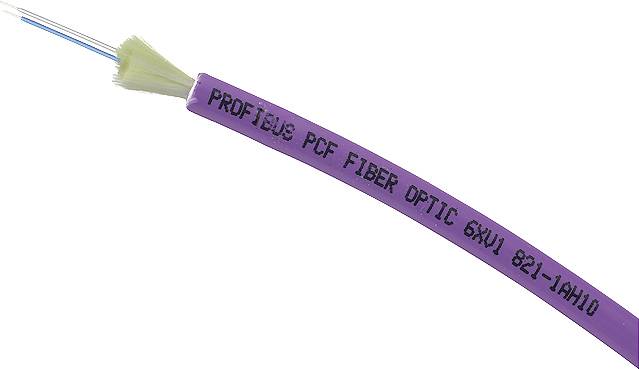 Lila Glasfaserkabel mit der Aufschrift 'PROFIBUS PCF FIBER OPTIC 6XV1 821-1AH10', teils entblößt an einem Ende.