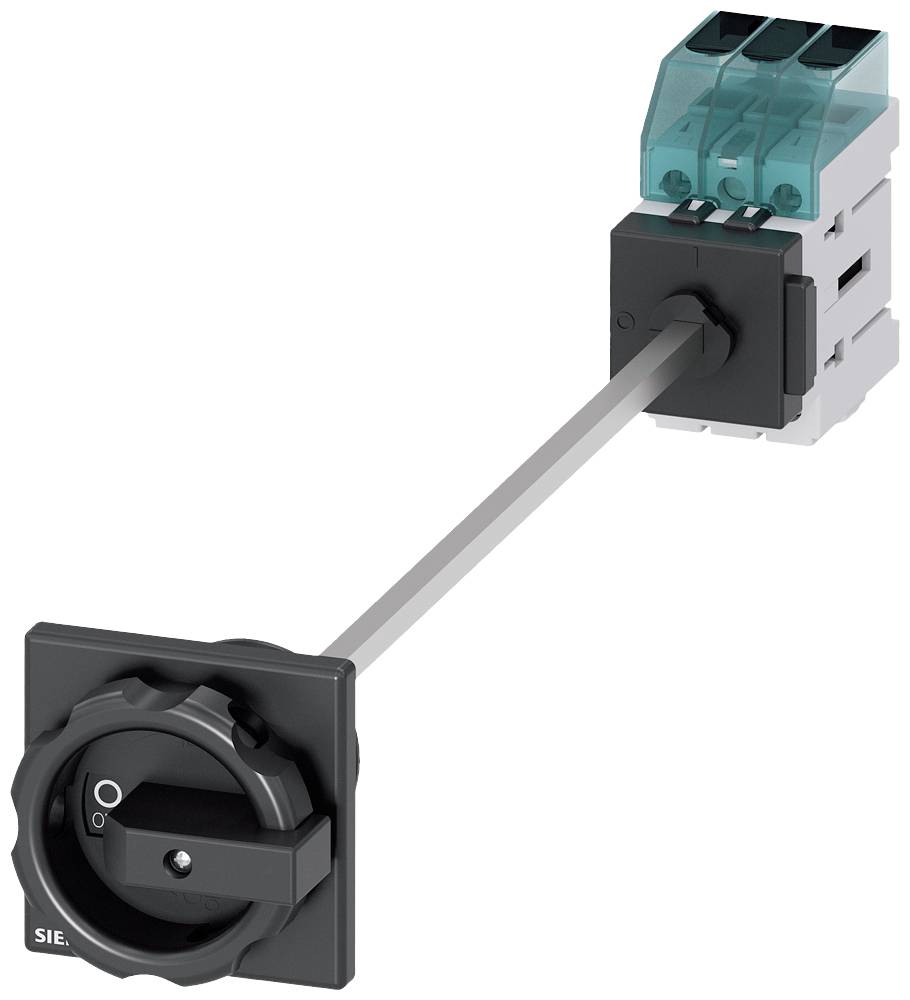 Ein elektrischer Hauptschalter mit Griff, Montageplatte und Rückseite mit drei Anschlussklemmen für industrielle Anwendungen.