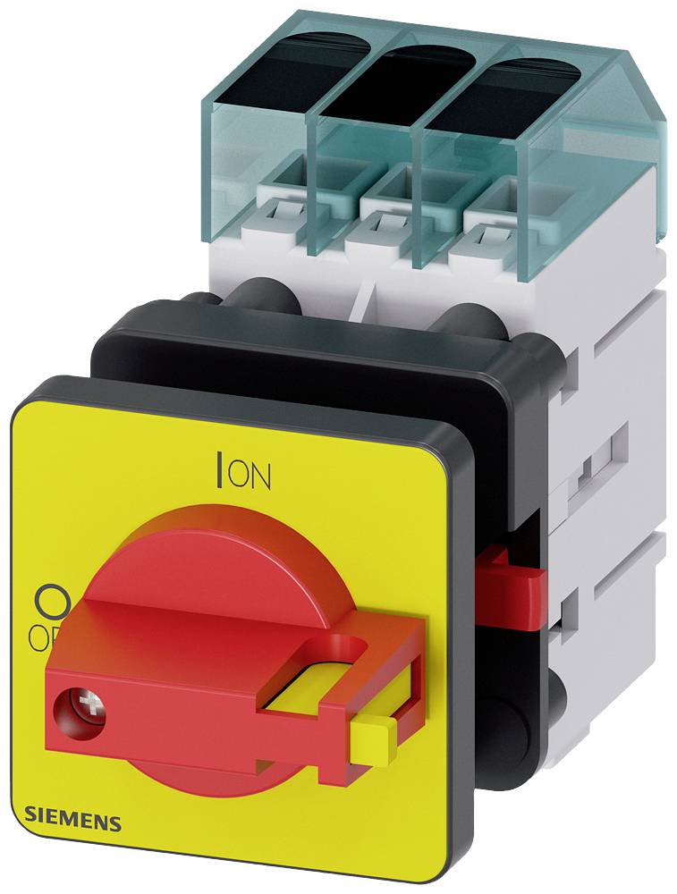 Ein roter Hauptschalter von Siemens, umgeben von einem gelben Gehäuse, zeigt die Positionen 'I ON' und 'O OFF' an.