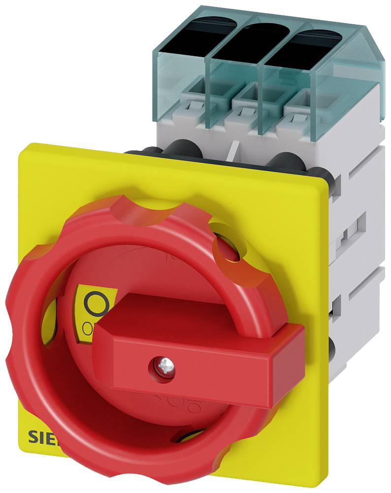 Ein gelb-roter Hauptschalter für elektrische Geräte mit einer roten Drehvorrichtung, Hinweiszeichen und Anschlusskontakten oben.