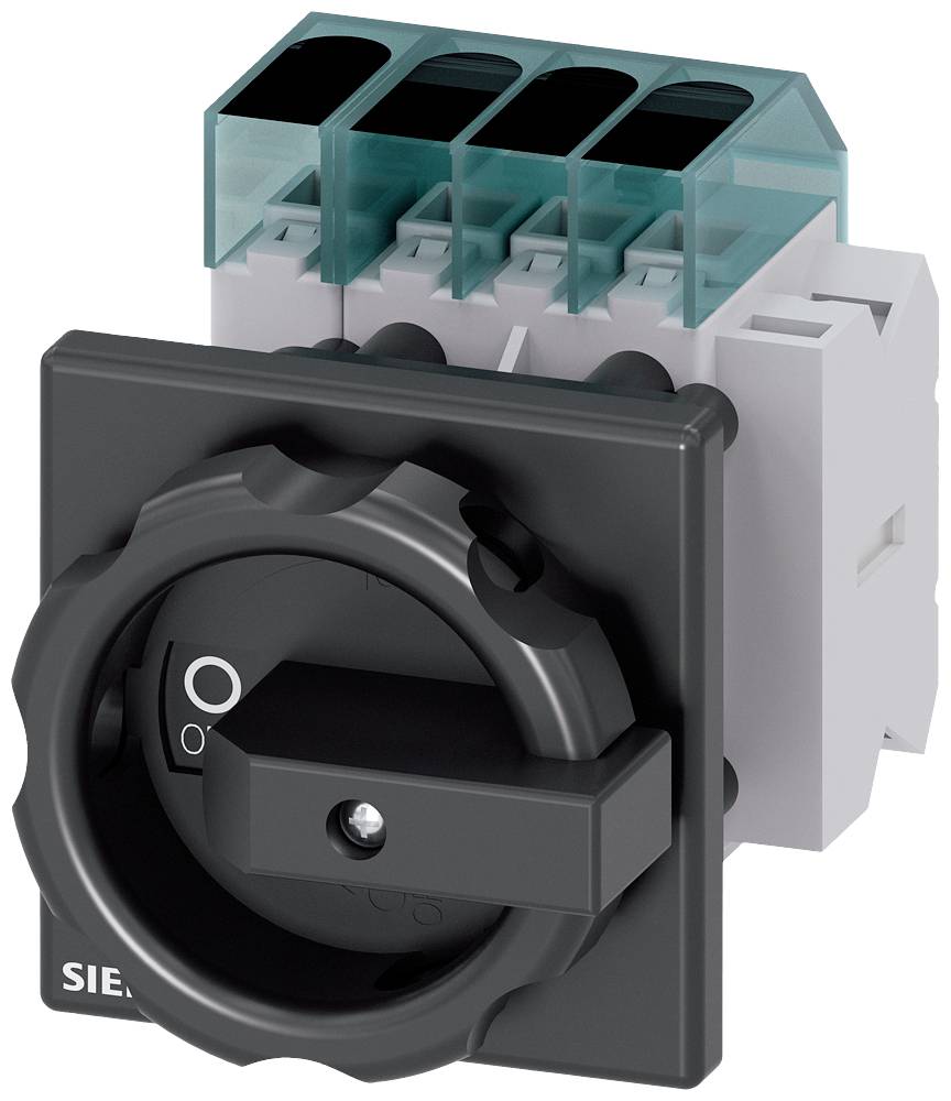 Ein schwarzer Drehschalter mit O- und I-Markierungen, montiert auf einem weißen Hintergrund, dient der Steuerung elektrischer Systeme.