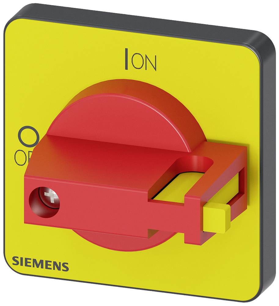 Ein rot-gelber Hauptschalter mit den Einstellungen 'ON' und 'OFF', Marke Siemens. Verwendung zur sicheren Stromkreisunterbrechung.