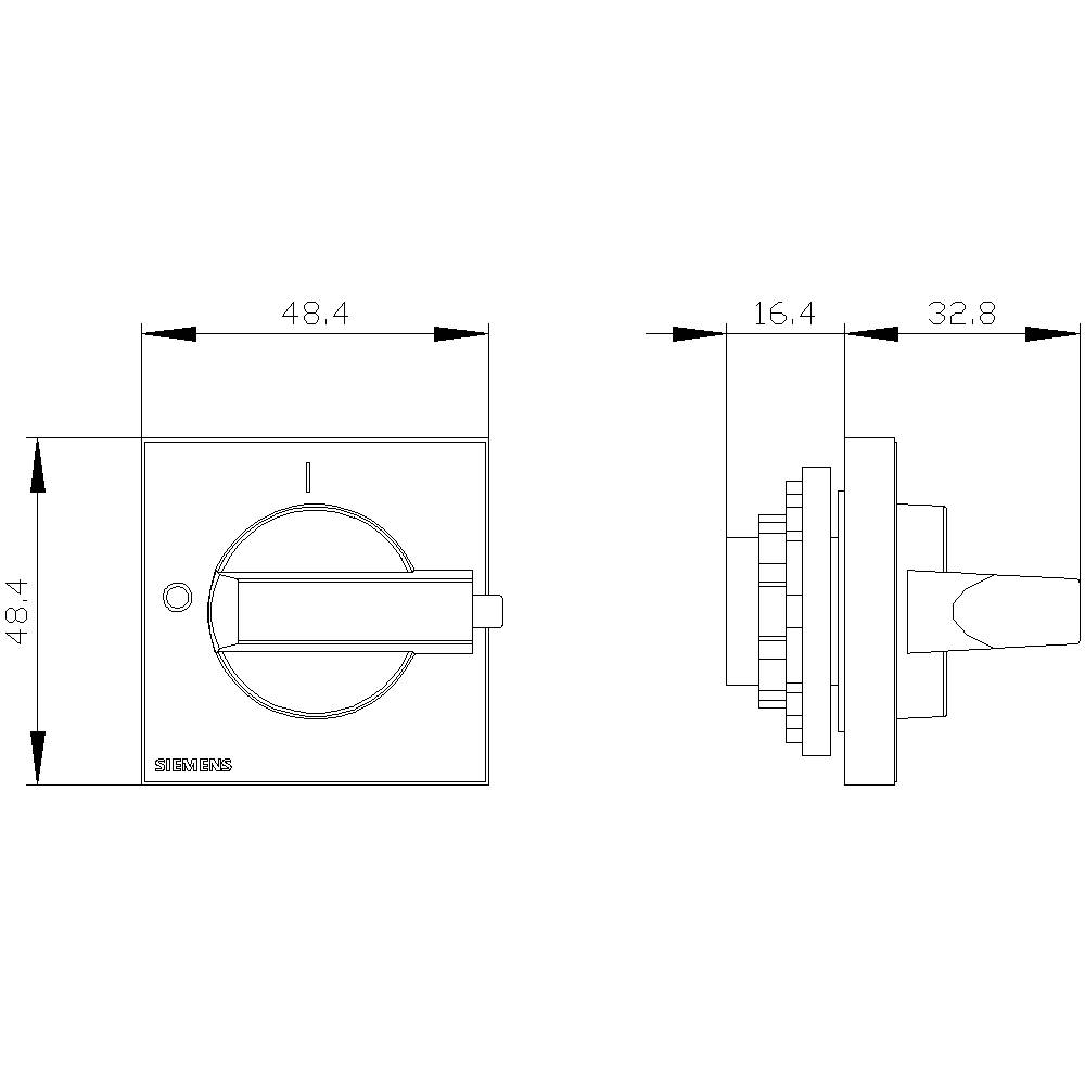 Technische Zeichnung eines quadratischen Duschknopfes mit Maßen 48,4 mm x 48,4 mm und Seitenansicht von 16,4 mm Tiefe.