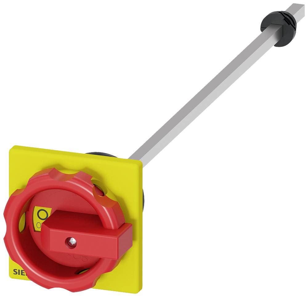 Ein roter Not-Aus-Schalter auf gelbem Hintergrund, mit einem langen Hebel. Der Schalter ist in der 'Aus'-Position.