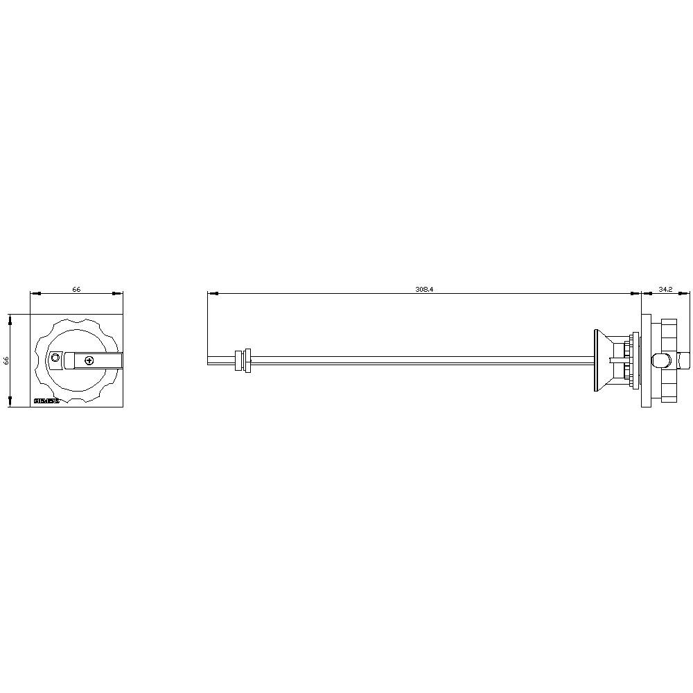 Technische Zeichnung eines mechanischen Bauteils. Zeigt Abmessungen 66 mm Breite und 305,4 mm Länge der Stange mit Befestigung.