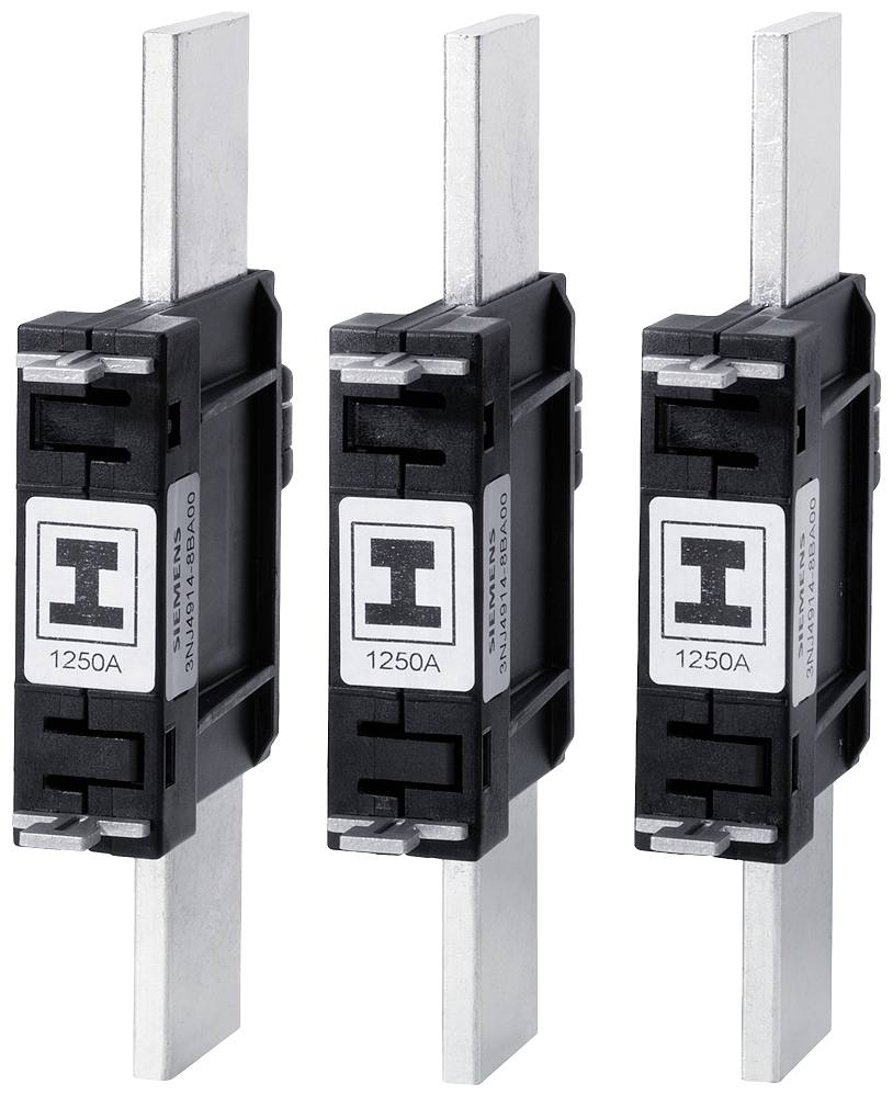 Drei schwarze und silberne elektrische Sicherungen mit der Aufschrift '1250A', vertikal angeordnet. Geeignet für Hochleistungsanwendungen.