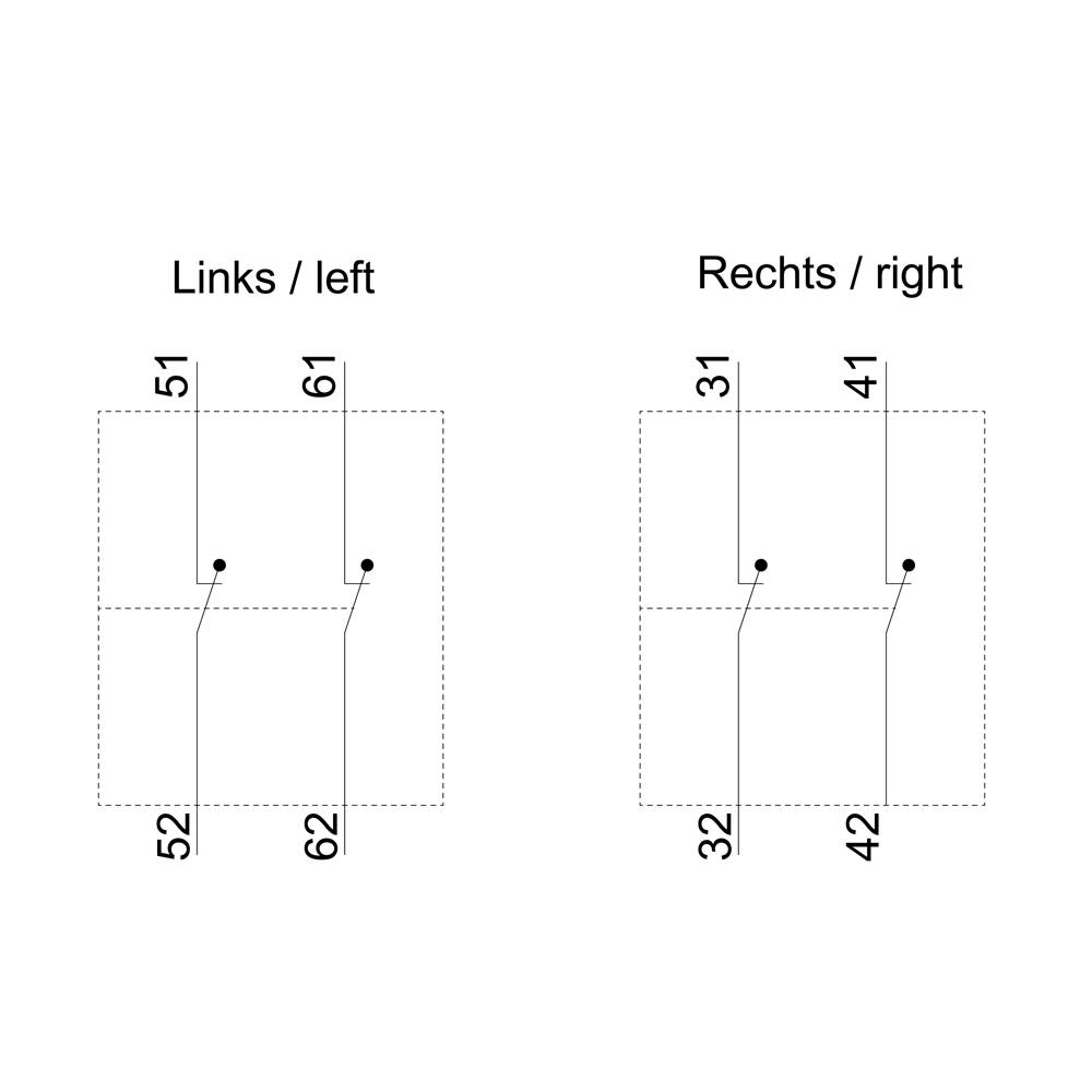 'Links/left': Nummern 51-52, 61-62 verbunden. 'Rechts/right': Nummern 31-32, 41-42 verbunden. Diagramm zum Anzeigen von Verbindungen.